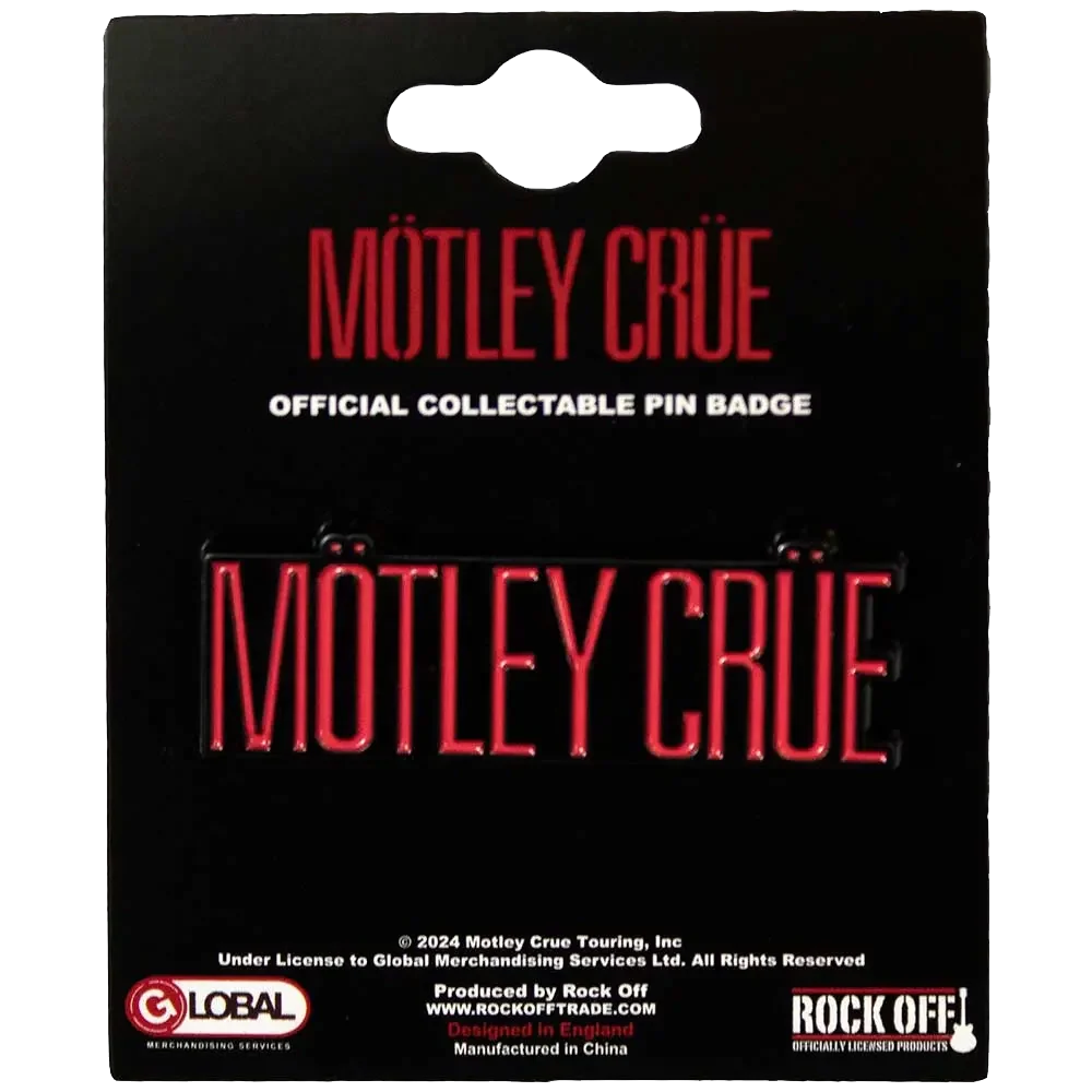 Pin officiel Mötley Crüe présenté sur carte Rock Off - badge rouge et noir sous licence 2024