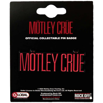 Pin officiel Mötley Crüe présenté sur carte Rock Off - badge rouge et noir sous licence 2024