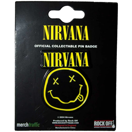 Pin's officiel Nirvana - Smiley présenté sur carte Rock Off - badge jaune et noir sous licence 2024