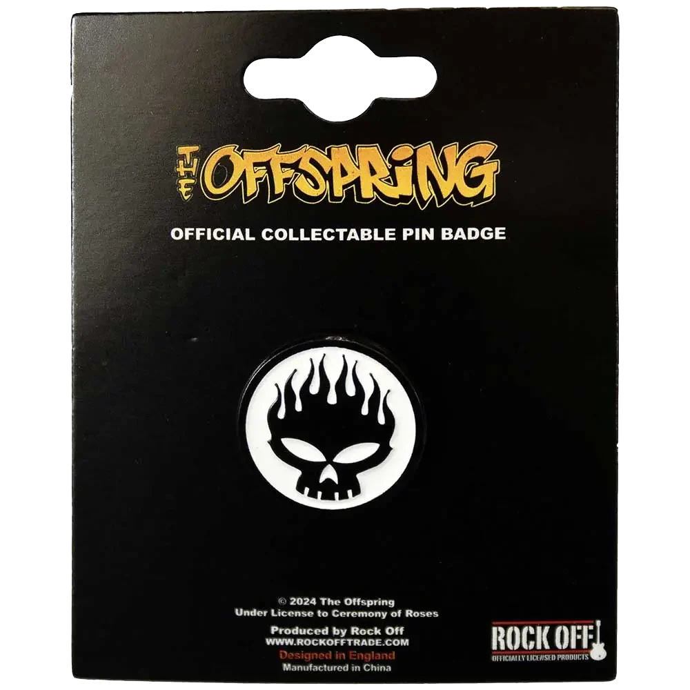 Pin officiel Offspring présenté sur carte Rock Off - badge blanc et noir sous licence 2024