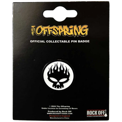 Pin officiel Offspring présenté sur carte Rock Off - badge blanc et noir sous licence 2024