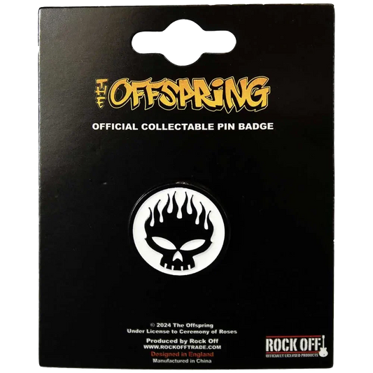Pin's officiel Offspring présenté sur carte Rock Off - badge blanc et noir sous licence 2024