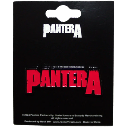 Pin's officiel Pantera présenté sur carte Rock Off - badge rouge et noir sous licence 2024