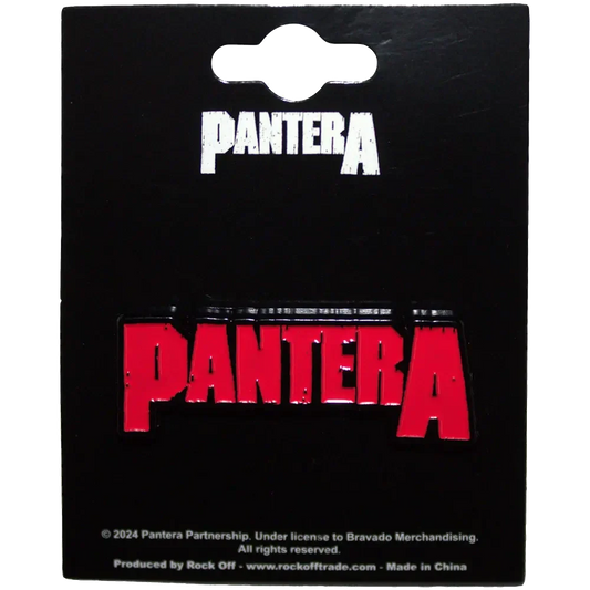 Pin's officiel Pantera présenté sur carte Rock Off - badge rouge et noir sous licence 2024