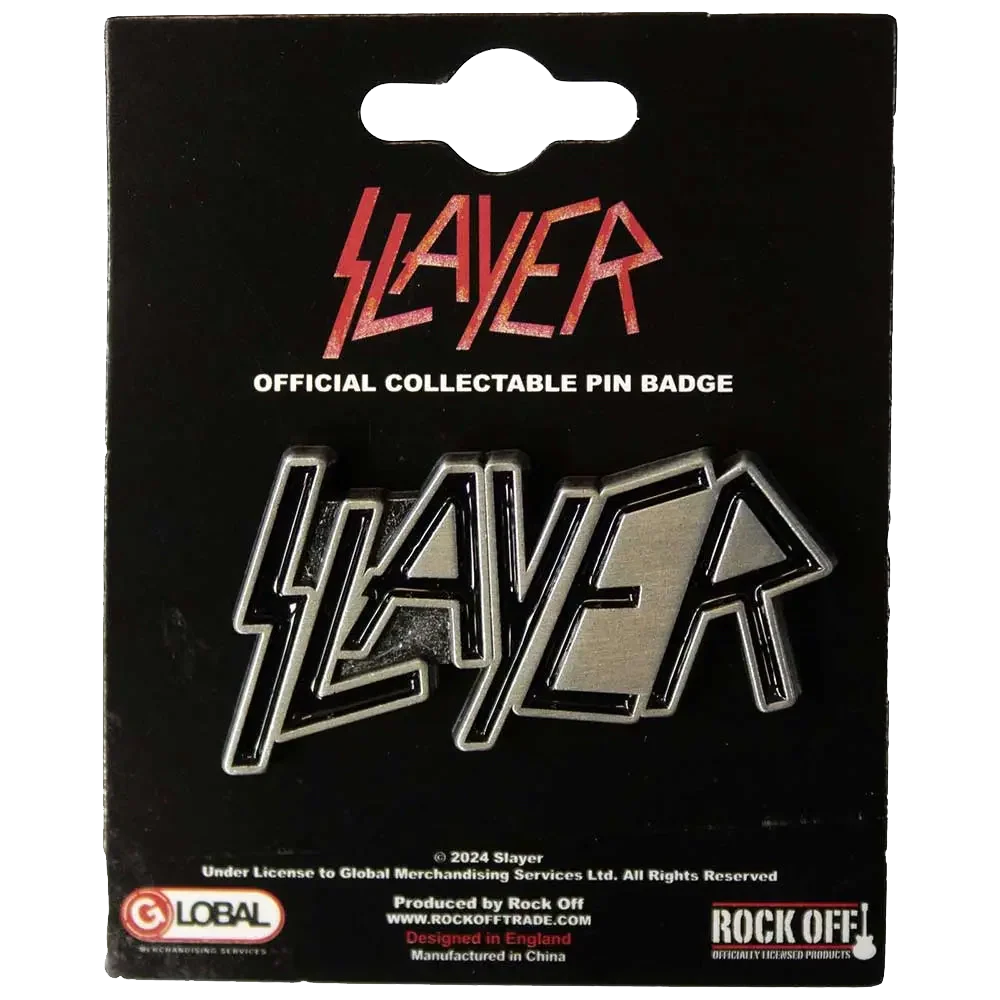 Pin's officiel Slayer présenté sur carte Rock Off - badge argenté et noir sous licence 2024