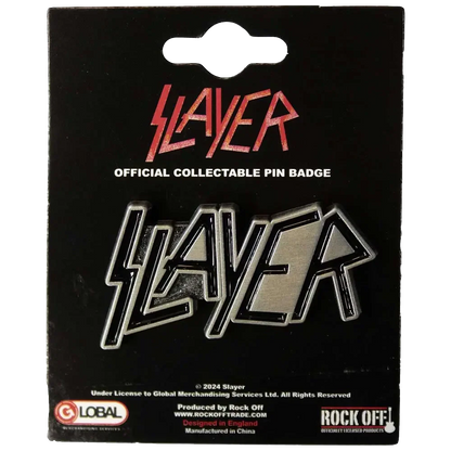 Pin's officiel Slayer présenté sur carte Rock Off - badge argenté et noir sous licence 2024