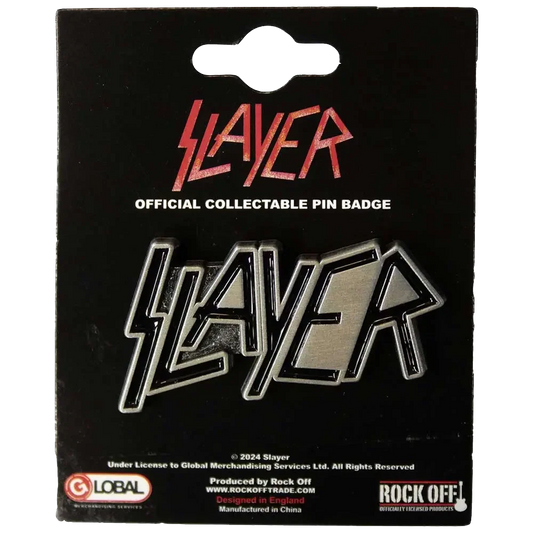 Pin's officiel Slayer présenté sur carte Rock Off - badge argenté et noir sous licence 2024