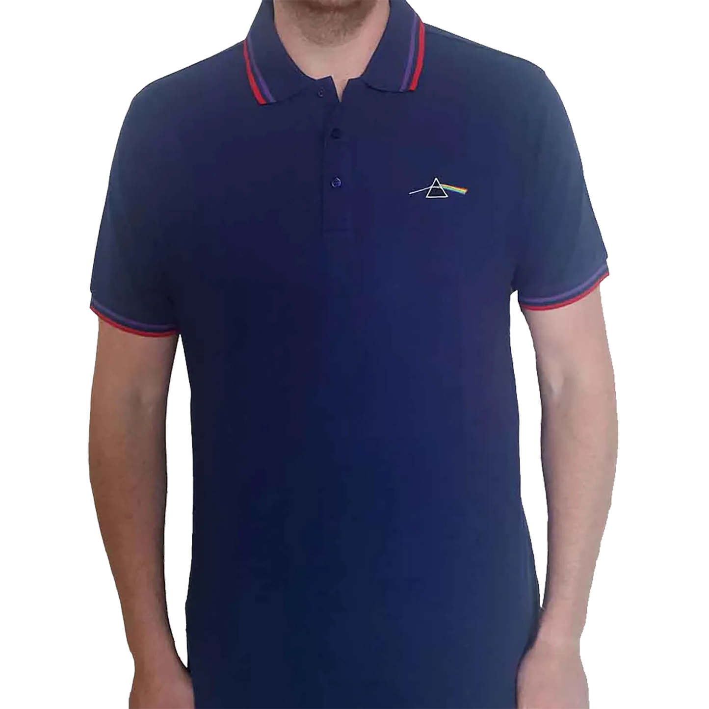 Polo Pink Floyd Dark Side of the Moon bleu marine avec prisme arc-en-ciel brodé | Pink Floyd Dark Side of the Moon navy polo shirt with embroidered rainbow prism