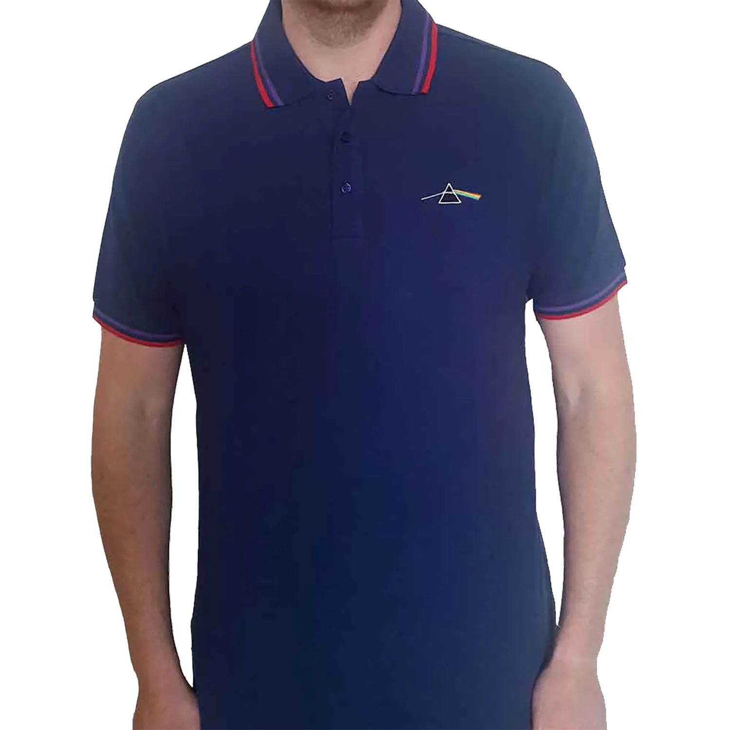 Polo Pink Floyd Dark Side of the Moon bleu marine avec prisme arc-en-ciel brodé | Pink Floyd Dark Side of the Moon navy polo shirt with embroidered rainbow prism