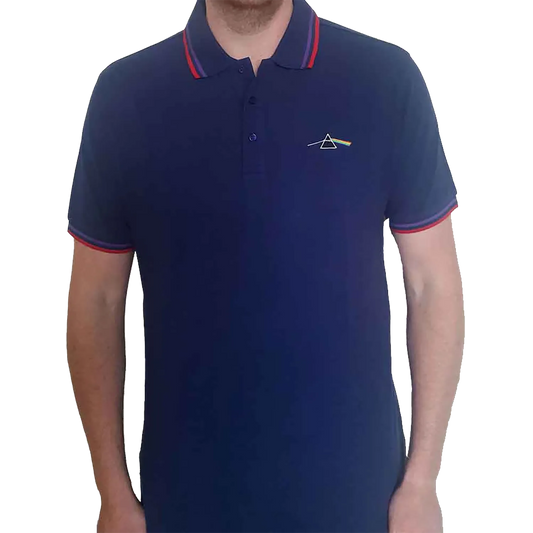 Polo Pink Floyd Dark Side of the Moon bleu marine avec prisme arc-en-ciel brodé | Pink Floyd Dark Side of the Moon navy polo shirt with embroidered rainbow prism