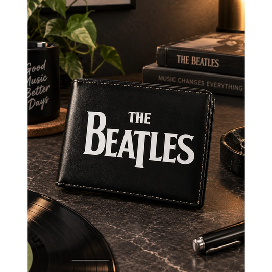 Portefeuille Rocksax Beatles Logo présenté en situation | Rocksax Beatles Logo wallet shown in a lifestyle setting