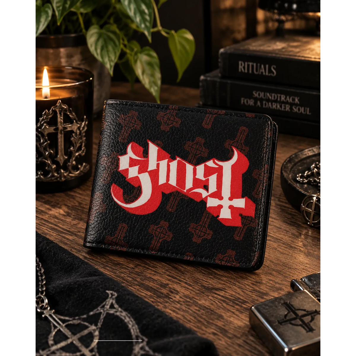 Portefeuille Ghost Logo Rocksax présenté en situation | Ghost Logo Rocksax wallet shown in a lifestyle setting