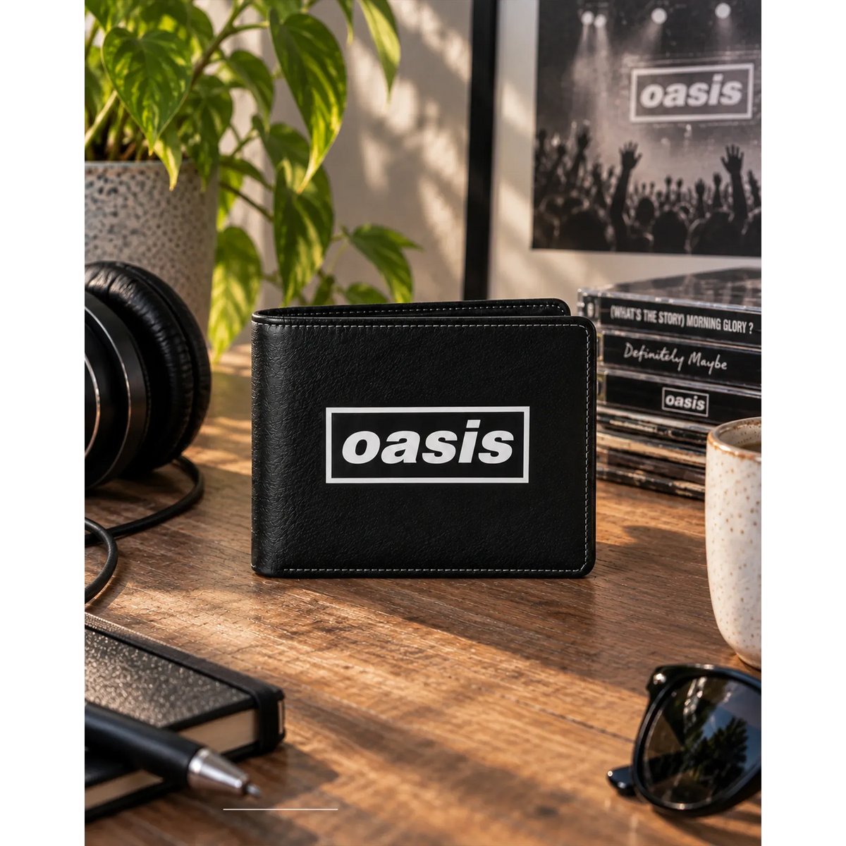 Portefeuille Oasis Logo noir Rocksax présenté en situation | Oasis Logo black Rocksax wallet shown in a lifestyle setting