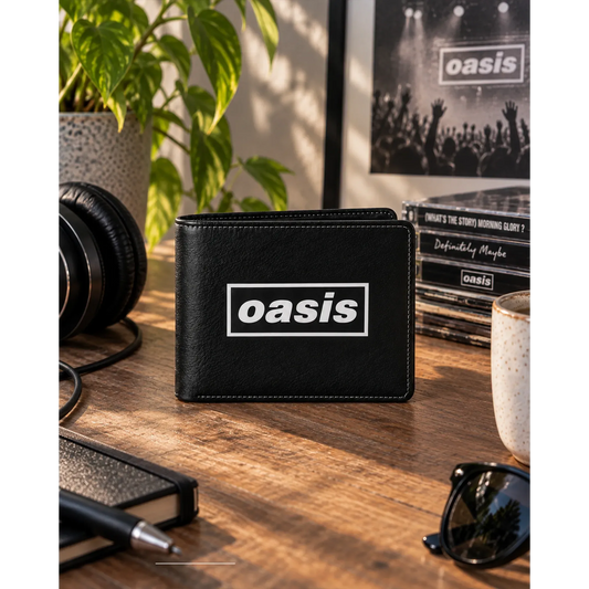 Portefeuille Oasis Logo noir Rocksax présenté en situation | Oasis Logo black Rocksax wallet shown in a lifestyle setting