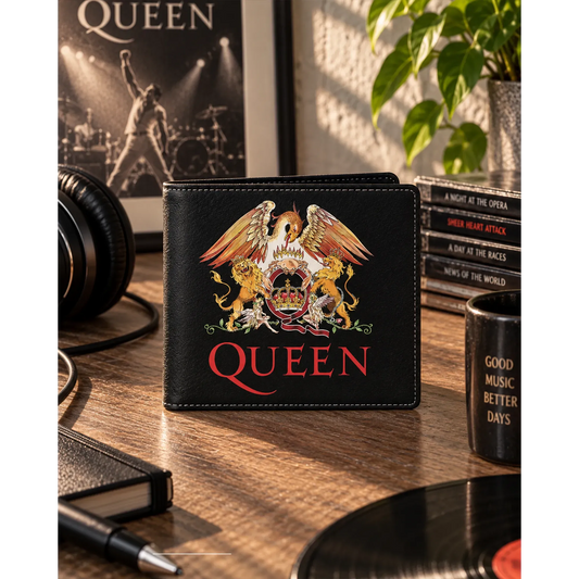 Portefeuille Queen Crest Logo Rocksax présenté en situation | Queen Crest Logo Rocksax wallet shown in a lifestyle setting