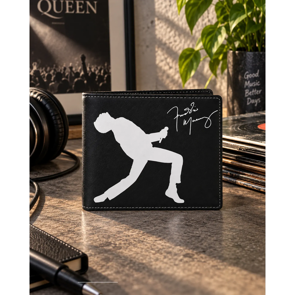 Portefeuille Queen Freddie Mercury Rocksax présenté en situation | Queen Freddie Mercury Rocksax wallet shown in a lifestyle setting