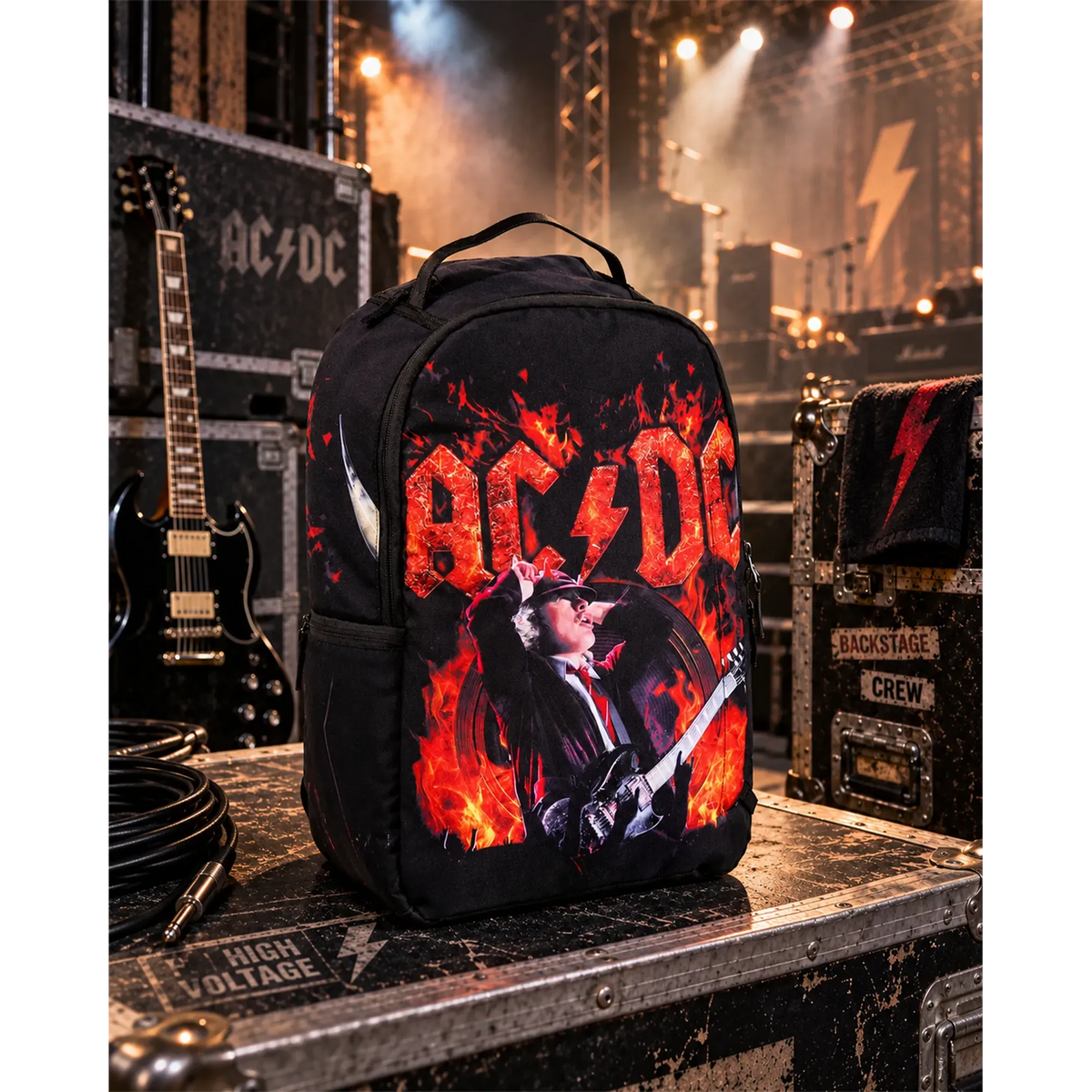 Sac à dos AC/DC noir avec Angus Young et flammes rouges en décor backstage | Black AC/DC backpack with Angus Young and red flames in a backstage setting