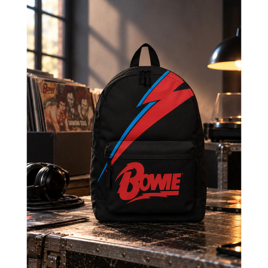 Sac à dos David Bowie noir avec éclair rouge et bleu et logo Bowie en décor vinyles | Black David Bowie backpack with red and blue lightning bolt and Bowie logo in a vinyl setting