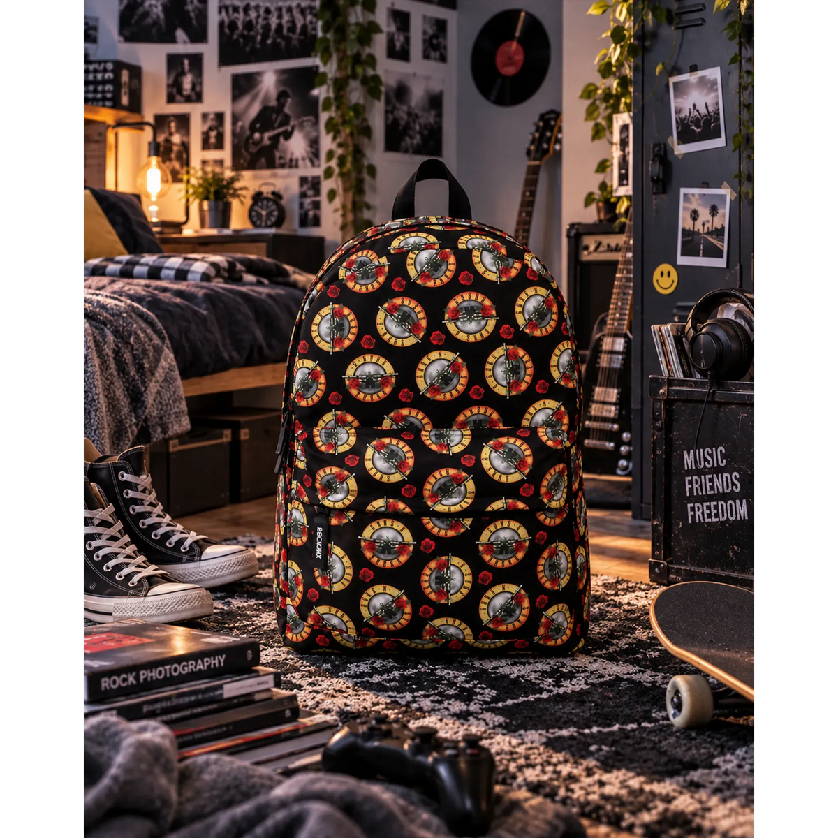 Sac à dos Guns N' Roses noir à motif répétitif logo et roses en décor chambre rock | Black Guns N' Roses backpack with repeating logo and roses pattern in a rock bedroom setting