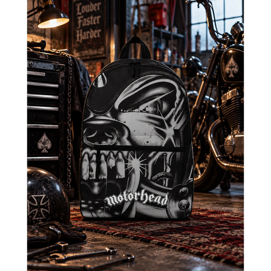 Sac à dos Motörhead noir et gris avec Warpig en décor garage rock | Black and grey Motörhead backpack with Warpig artwork in a rock garage setting