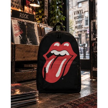 Sac à dos The Rolling Stones noir avec grand logo langue rouge en décor disquaire | Black The Rolling Stones backpack with large red tongue logo in a record shop setting