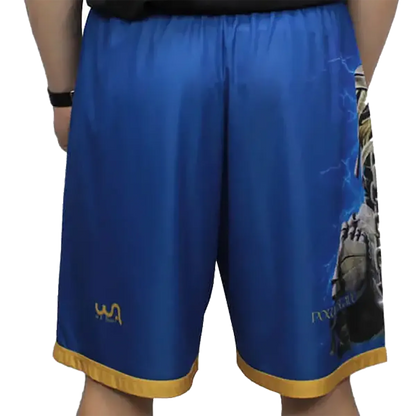 Vue arrière du short Iron Maiden avec logo discret et continuité du visuel de la pochette Powerslave
