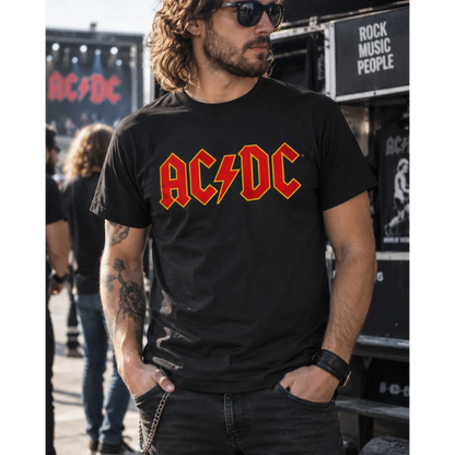 T-shirt AC/DC logo porté dans un disquaire | AC/DC logo T-shirt worn in a record shop