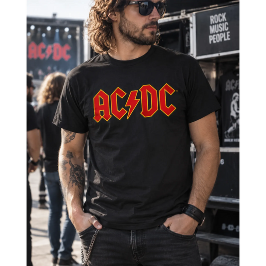 T-shirt AC/DC logo porté dans un disquaire | AC/DC logo T-shirt worn in a record shop
