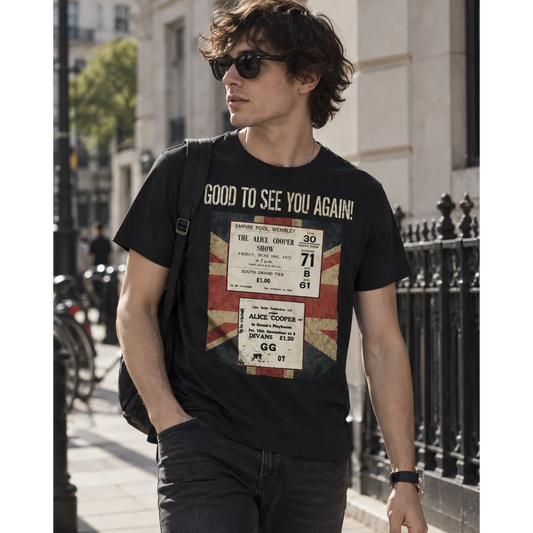 T-shirt Alice Cooper Good to see you again porté sur le chemin d'un disquaire | Alice Cooper Good to see you again T-shirt worn on the road to a record shop