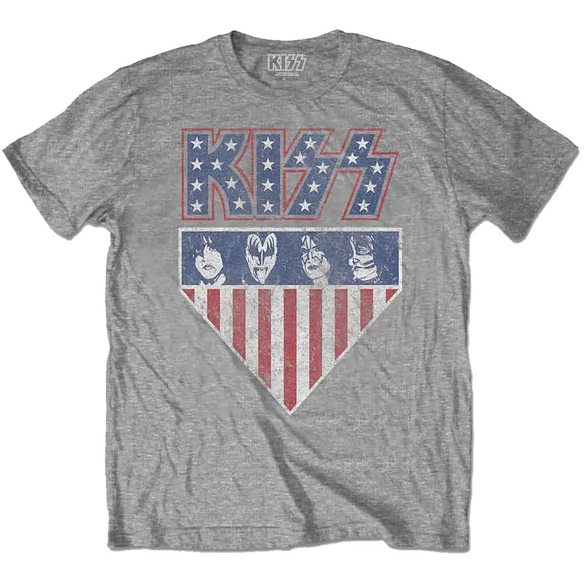 T-shirt KISS Stars & Stripes gris chiné avec logo étoilé et quatre membres maquillés | KISS Stars & Stripes heather grey T-shirt with star logo and four make-up faces