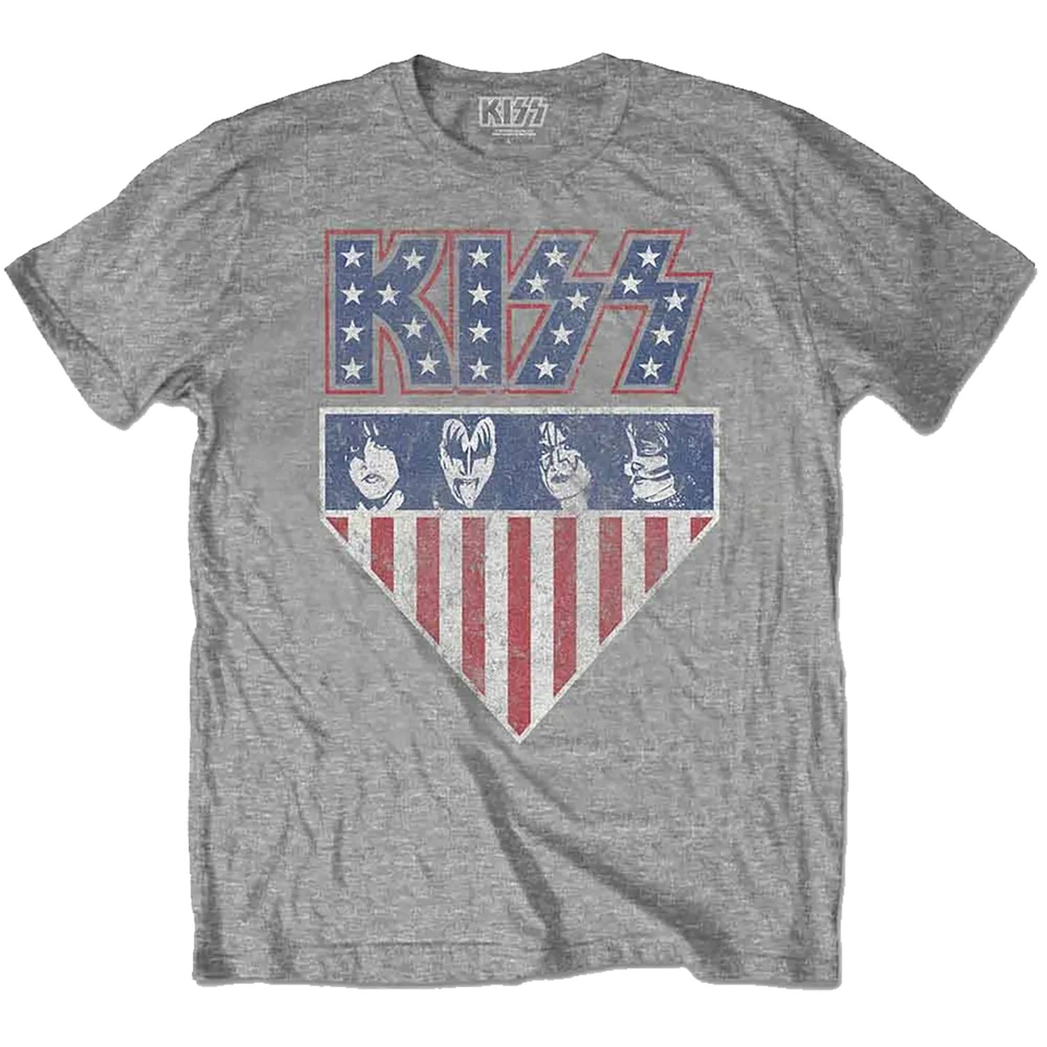 T-shirt KISS Stars & Stripes gris chiné avec logo étoilé et quatre membres maquillés | KISS Stars & Stripes heather grey T-shirt with star logo and four make-up faces