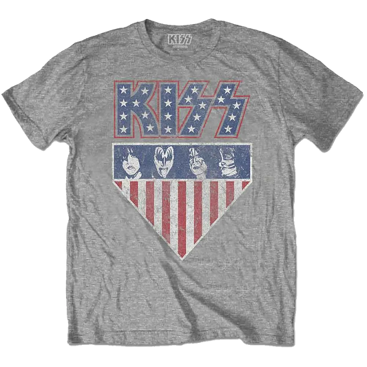 T-shirt KISS Stars & Stripes gris chiné avec logo étoilé et quatre membres maquillés | KISS Stars & Stripes heather grey T-shirt with star logo and four make-up faces