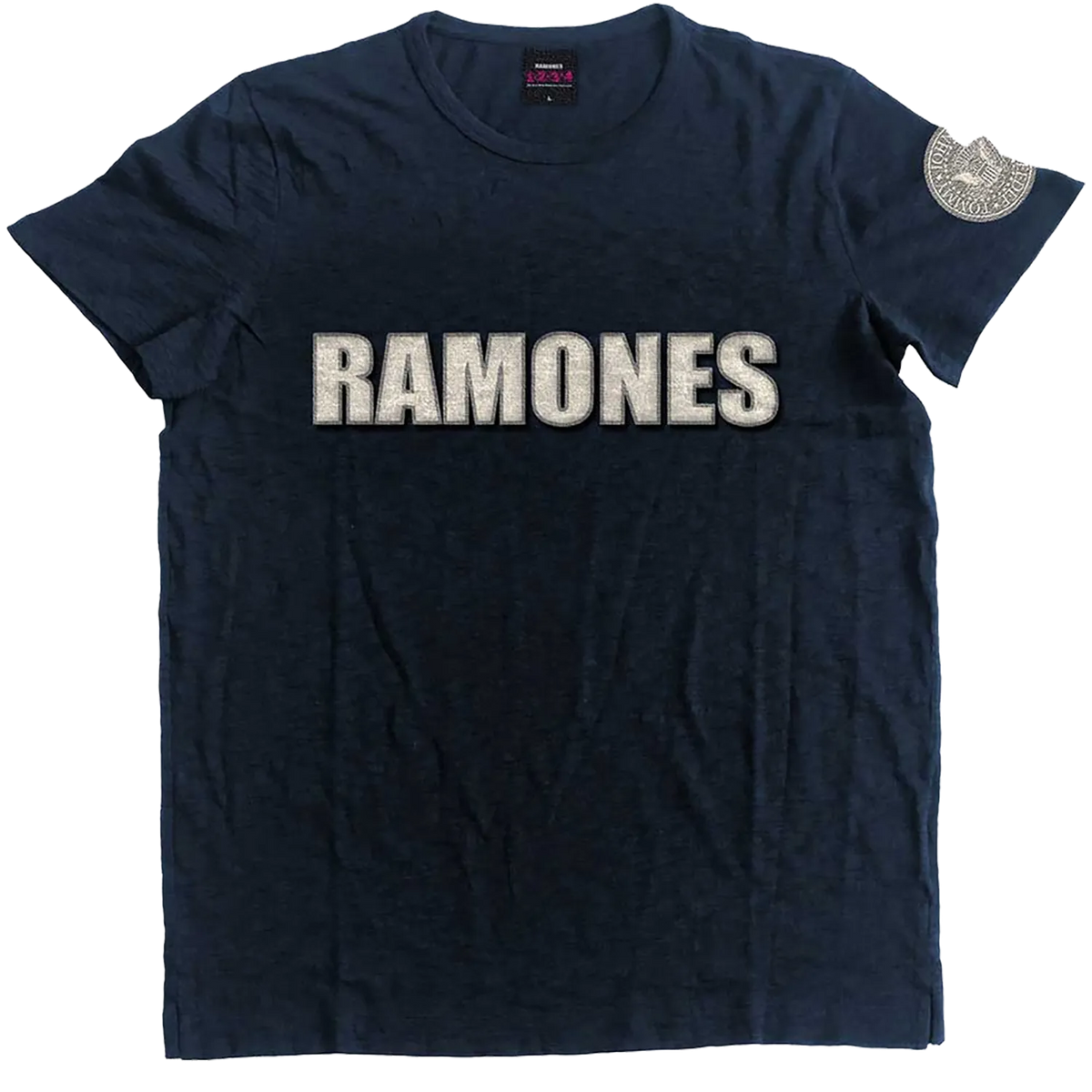 T-shirt officiel Ramones noir avec logo brodé gris et écusson rond sur la manche | Official black Ramones T-shirt with grey embroidered logo and round sleeve patch