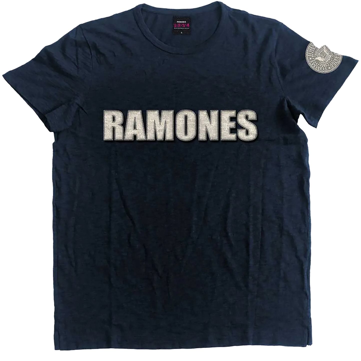 T-shirt officiel Ramones noir avec logo brodé gris et écusson rond sur la manche | Official black Ramones T-shirt with grey embroidered logo and round sleeve patch