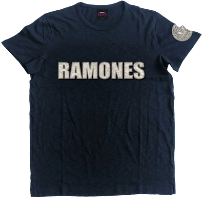 T-shirt officiel Ramones noir avec logo brodé gris et écusson rond sur la manche | Official black Ramones T-shirt with grey embroidered logo and round sleeve patch