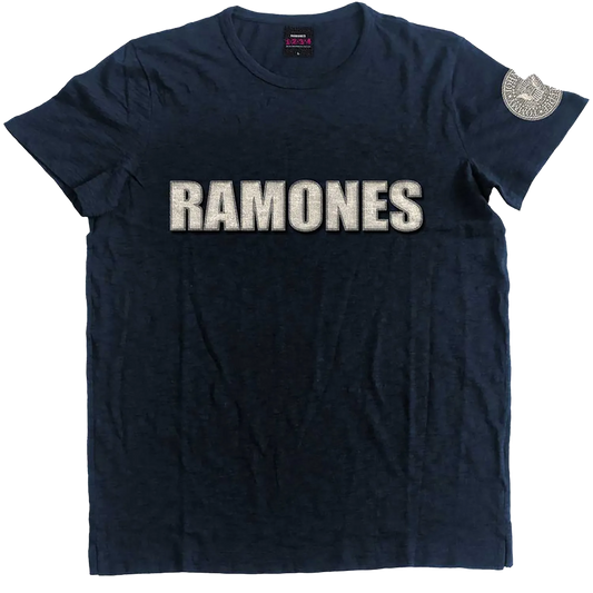 T-shirt officiel Ramones noir avec logo brodé gris et écusson rond sur la manche | Official black Ramones T-shirt with grey embroidered logo and round sleeve patch