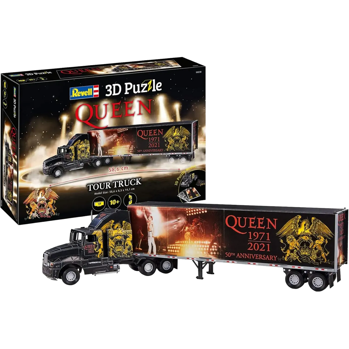 Boîte du puzzle 3D Revell Queen Tour Truck – 50e anniversaire 1971-2021 avec visuel du groupe sur scène et logo doré emblématique