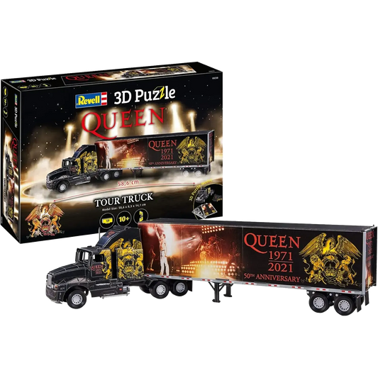 Boîte du puzzle 3D Revell Queen Tour Truck – 50e anniversaire 1971-2021 avec visuel du groupe sur scène et logo doré emblématique